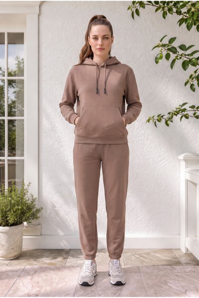Zenvia Women's Brown 3-Thread Kangaroo Tracksuit Set with Cotton Inside, Winter Soft Textured