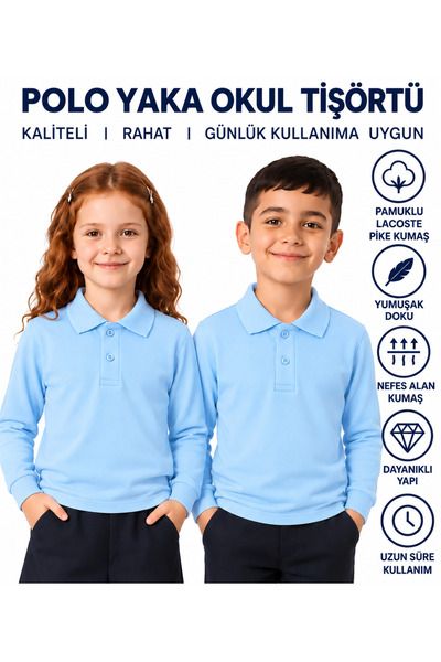 NEVALP Polo Collar Cotton Long Sleeve Baby Blue School T-Shirt, School T-Shirt