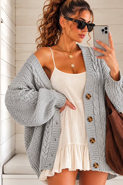 Cherry Butik Loose Hair Knit Detailed Buttoned Low Sleeve Women's Cardigan
