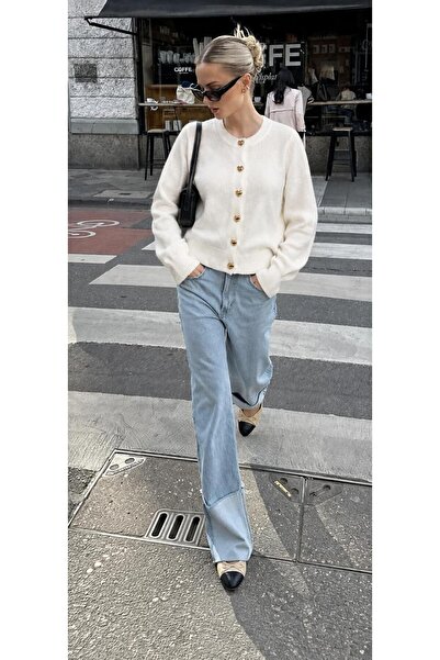 Butik Women's Gold Heart Buttoned Crew Neck Long Sleeve Knitwear Cardigan