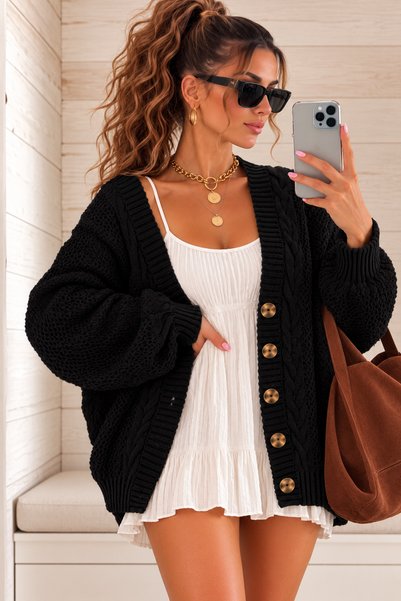 Cherry Butik Loose Hair Knit Detailed Buttoned Low Sleeve Women's Cardigan