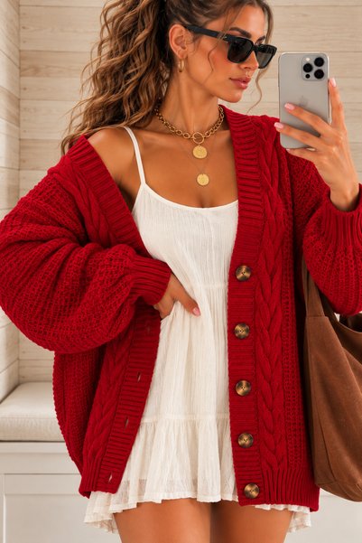 Cherry Butik Loose Hair Knit Detailed Buttoned Low Sleeve Women's Cardigan