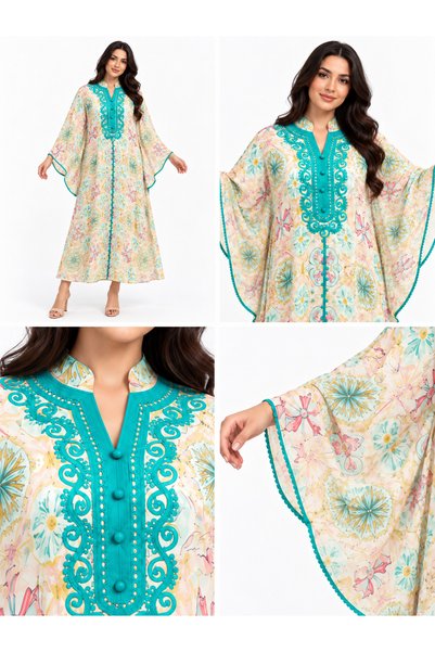 White colour Women's Midi Butterfly Sleeve Floral Patterned Front Embroidered Caftan