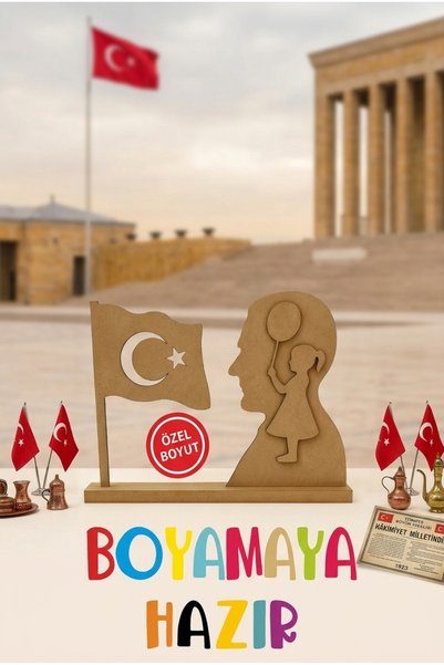 Tuvalia 29 Ekim 10 Kasım Özel Atatürk Silüeti Ahşap Boyama Seti - Türk Bayraklı Kız Çocuk Figürü (15x15 cm) 1 adet