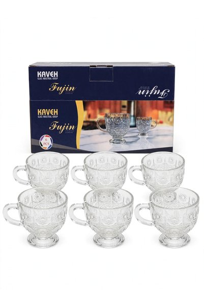 Fujin 6'lı Ayaklı Kulplu Çay Bardağı - Oymalı Desenli Cam Fincan - 200 ml
