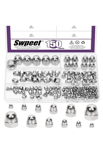 Swpeet 150 قطعة من صواميل الأكرون الفضية بـ 6 أحجام M3 M4 M5 M6 M8 M10، مجموع...