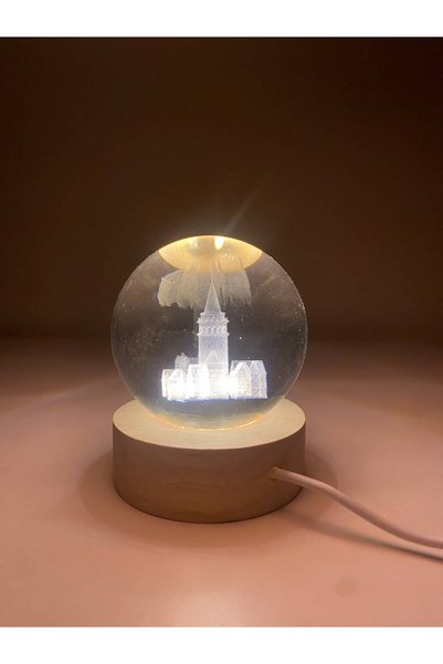 Ahşap Tabanlı LED Işıklı Galata Kulesi Figürlü Kristal Küre