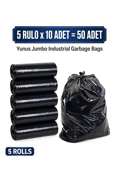Jumbo Endüstriyel Çöp Poşeti 80x110 cm - 5 Rulo 50 Adet - Kalın 60 Mikron Dayanıklı Siyah