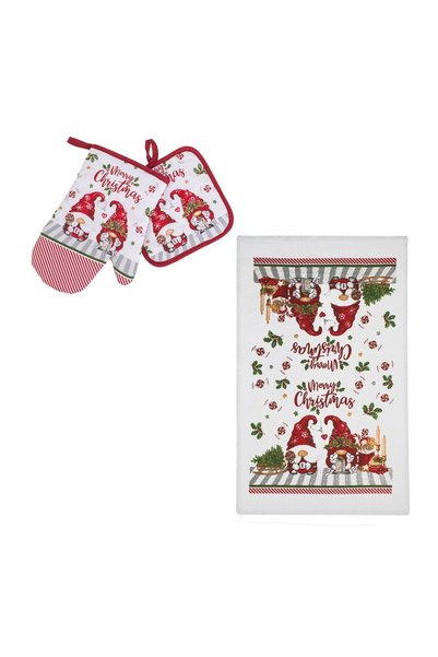 OEM Set Mănușă Șervet și Prosop de Bucătărie Alb-Roșu cu Figurine Gnome de Cr...