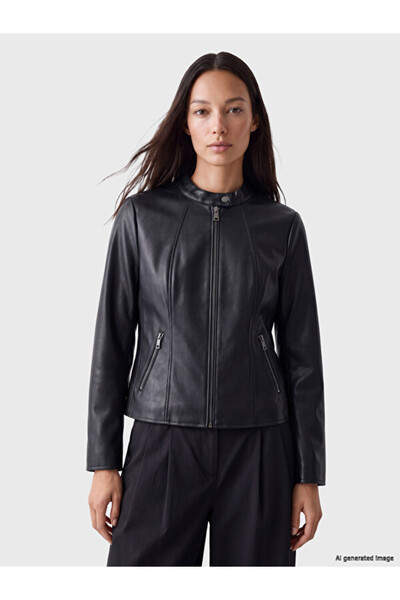 LC Waikiki Uzg Store's Women's Leather-Look Jacket with High Collar for Style...