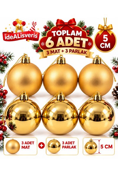 Bkmc 6’lı Gümüş Kırmızı Gold Karışık Yılbaşı Ağacı Süsü 5 cm – 3 Mat 3 Parlak Altın Rengi Çam Ağacı Süs Topu Seti Yılbaşı Ağaç Süsü