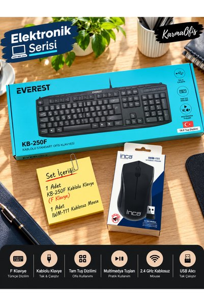 Everest 250F Kablolu F Klavye ve Kablosuz Mouse Seti – Türkçe F Tuş Dizilimi,...