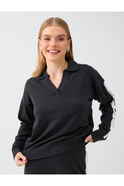 Jimmy Key Gray Melange Stripe Detailed Polo Collar Relaxed Fit Knitwear Sweater