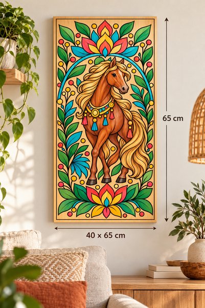 TOTTERİQ At Desenli Ahşap Mandala Boyama Tablosu 40x65 cm, Dekoratif Kendin B...