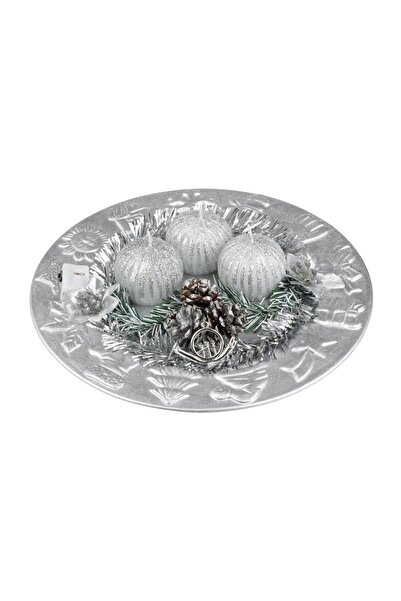 OEM Platou Decorativ de Crăciun cu 3 Lumânări Conuri Argintii și LED 24 cm – ...