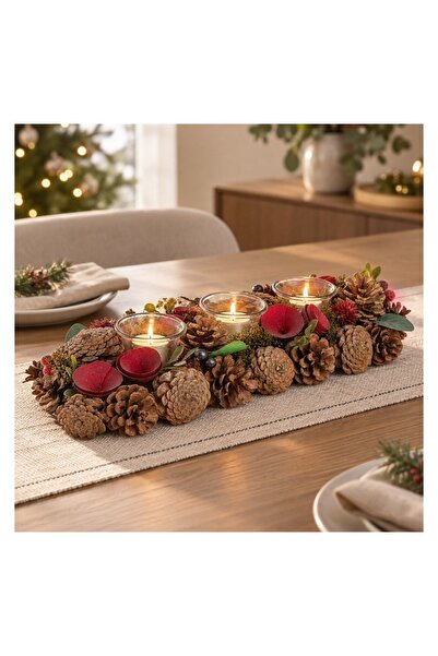 OEM Set Suport Lumânări de Crăciun 40 cm cu 3 Pahare și Conuri – Decor Festiv