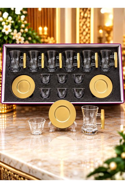 ALQANNAS Tea Cup Set + Embossed Crystal Glass Coffee Cup with Gold Plastic Sa...
