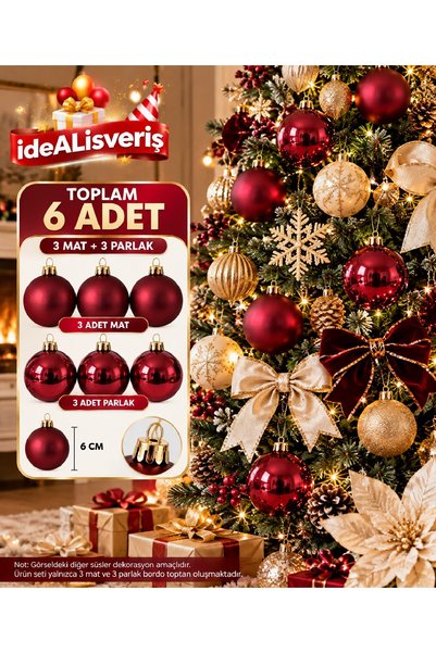 Bkmc 6’lı Haki, Mor, Gold, Lacivert, Mavi, Fuşya, Bordo Ve Kırmızı Yılbaşı Ağacı Süsü 6 cm – 3 Mat 3 Parlak Çam Ağacı Süs Topu Seti Yılbaşı Ağaç Süsü Topu