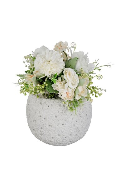 OEM Ghiveci Decorativ din Ciment Alb cu Floare Artificială Somon Ø15x22 cm