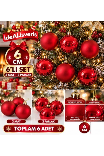 Bkmc 6’lı Haki, Mor, Gold, Lacivert, Mavi, Fuşya, Bordo Ve Kırmızı Yılbaşı Ağacı Süsü 6 cm – 3 Mat 3 Parlak Çam Ağacı Süs Topu Seti Yılbaşı Ağaç Süsü Topu