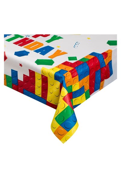 OEM Față de Masă din Plastic Albă cu Caramizi Colorate "Happy Birthday" 180x1...