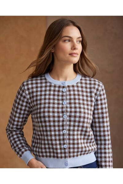 Trend Kapında Women's Plaid Patterned Buttoned Knitwear Cardigan