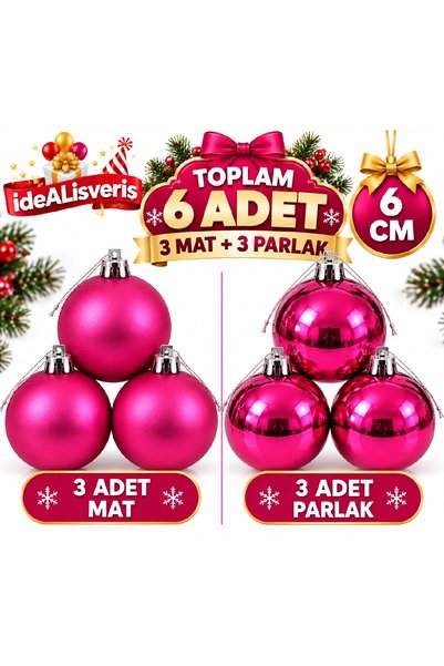 Bkmc 6’lı Haki, Mor, Gold, Lacivert, Mavi, Fuşya, Bordo Ve Kırmızı Yılbaşı Ağacı Süsü 6 cm – 3 Mat 3 Parlak Çam Ağacı Süs Topu Seti Yılbaşı Ağaç Süsü Topu