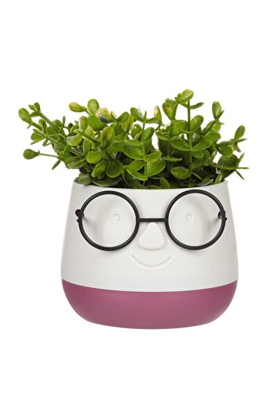 OEM Ghiveci Decorativ Fata Ecru Bordo cu Ochelari Negri și Planta Artificială...