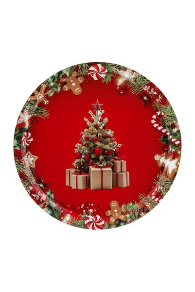 OEM Platou Metalic Decorativ de Crăciun Roșu Brad Impodobit cu Cadouri Ø32.5 cm