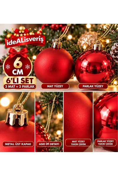 Bkmc 6’lı Haki, Mor, Gold, Lacivert, Mavi, Fuşya, Bordo Ve Kırmızı Yılbaşı Ağacı Süsü 6 cm – 3 Mat 3 Parlak Çam Ağacı Süs Topu Seti Yılbaşı Ağaç Süsü Topu