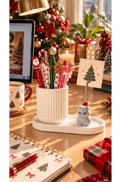 Perazayn Cute Gray Angry Cat with Christmas Hat Photo and Note Holder Desktop Office Set Organizer Notepad Gift