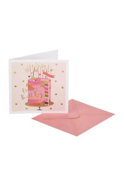 OEM Felicitare Zi de Nastere Albă Roz Tort Folie Aurie "Happy Birthday" 15x15...