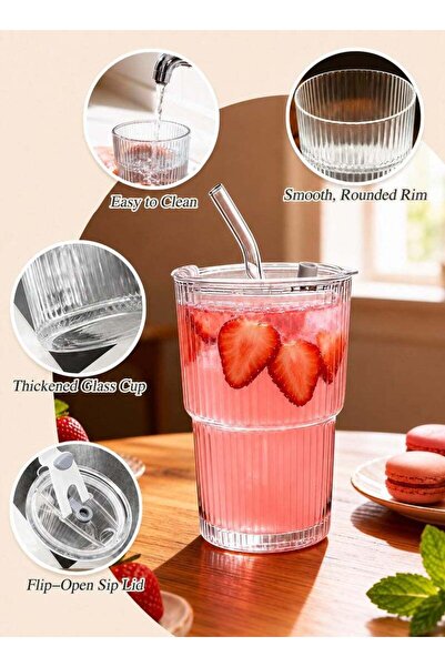 Arabest 2Pack Coffee Cups Simple Vertical Stripes Water Glasses with Lids and...