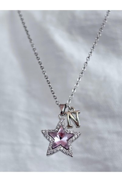 bijoux uniques N harfli parıltı yıldız pembe taşlı 316L çelik kadın kolye