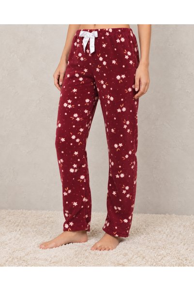 embody Pantaloni de pijama din fleece pentru femei, bordeaux, cu imprimeu flo...