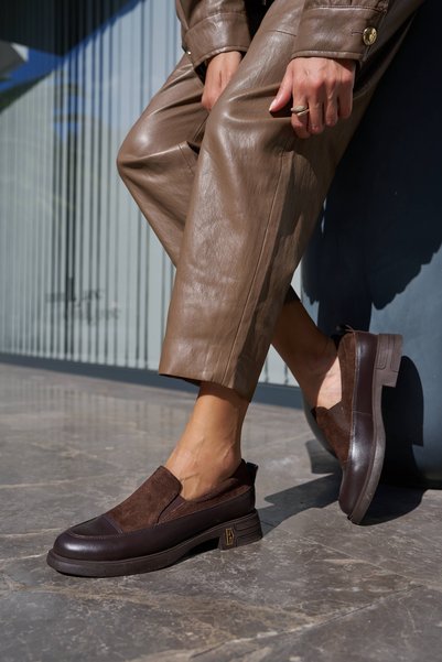 ANGELİNA JONES Lera Women's Brown Leather Suet Genuine Garnished Loafer Shoes