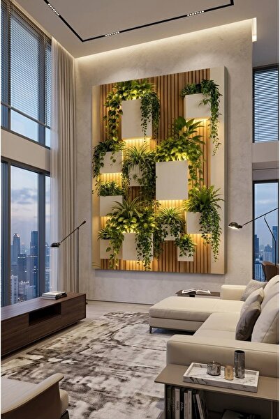 zeyrada Premium Özel Tasarım Modern 3D Efektli Işıklı Beyaz Saksılı ve Yeşill...