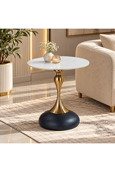 PLUS 4 Modern Side Table with Marble Ceramic Top and Gold Metal Base