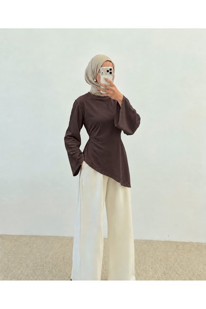 Hepsi Moda Spanish Sleeve Asymmetric Cut Blouse - Bitter Brown