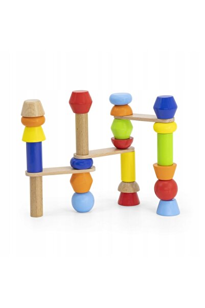 Viga Puzzle cu blocuri geometrice din lemn 52 piese. Jucării