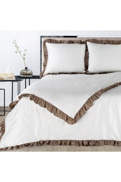 Eurofirany Lenjerie de pat din satin 220x200 Eliza Alb cu volan bej