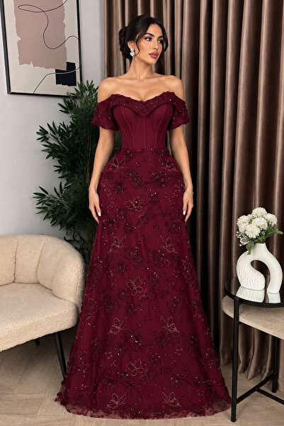 Barly Luxurious Royal Burgundy Evening Gown Featuring an Off-The-Shoulder Des...