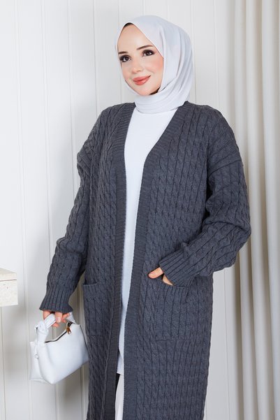 Pamuk Butik Women's Casual Knitwear Cardigan with Braided Pockets