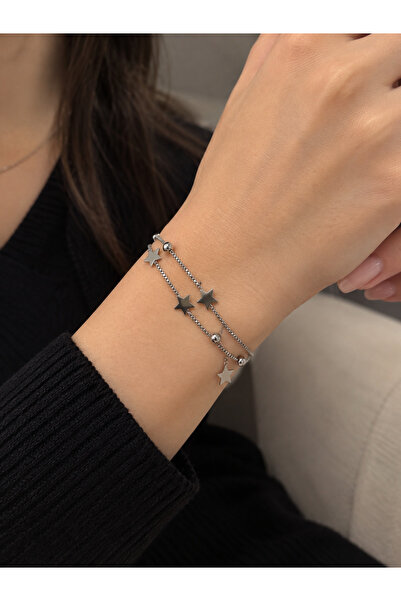 alias takı Women's Silver Color Star Figured Steel Chain Bracelet
