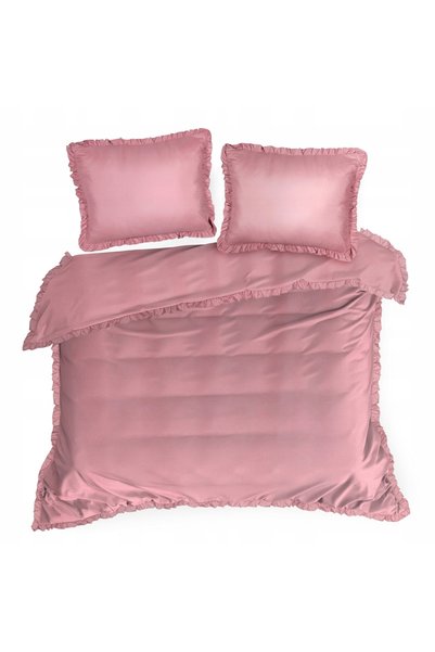 NO BRAND Lenjerie de pat 140x200 din microfibră satinată cu volan, roz uni
