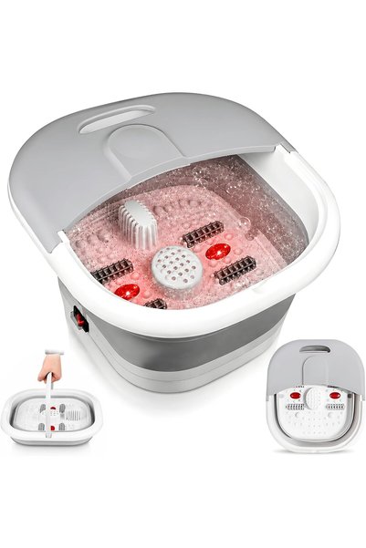 Sumkyle Collapsible Foot Massager with Heat, Warm Light - Feet Soaking Tub for Relaxation, Daily Comfort - Pedicure Foot Spa Bath with Invigorating Bubble, 4 Massage Rollers, Temperature Control, Grey