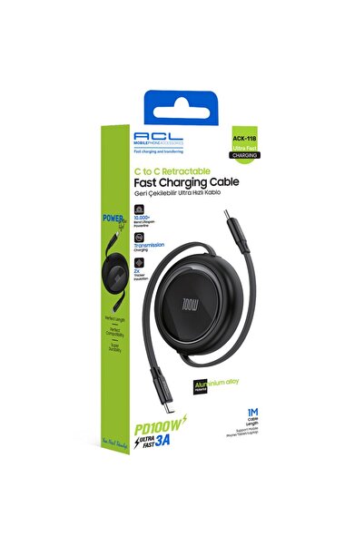 ACK-118 100W Pd Ultra Hızlı Geri Çekilebilir Type-C To Type-C Şarj Kablosu (1 Metre)
