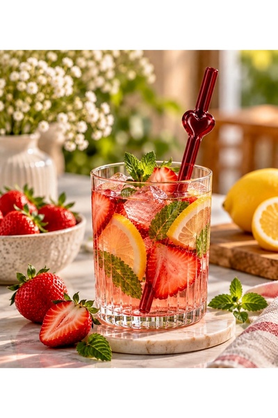 Aşkana yuvanıza aşkla... Aşkan'A 4-Piece Heart-Shaped Glass Straw Set 20 cm – Red, Reusable, with Cleaning Brush, 5 Pieces