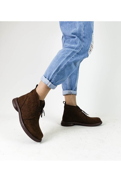 GDT Ayakkabı Brown Color Lace-Up Suede Material Thick Low Heel Women's Boots