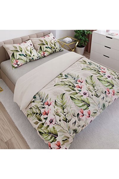 Markizeta Lenjerie de pat 160x200 Bumbac satinat Pradis Flori Frunze verde